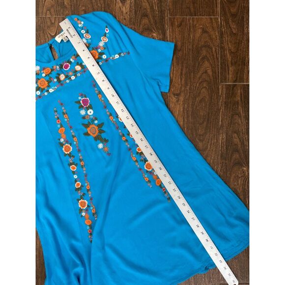 UMGEE BRIGHT TURQUOISE BLUE SHORT SLEEVE EMBROIDERED FLOWY BOHO A-LINE DRESS M - Picture 9 of 9